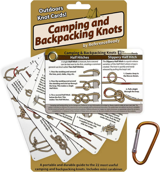 ReferenceReady Outdoor Knots Pocket Guide - Waterproof Knot Tying Cards with Mini Carabiner, 22 Rope Knots for Camping, Backpacking, Scouting and Wilderness Survival