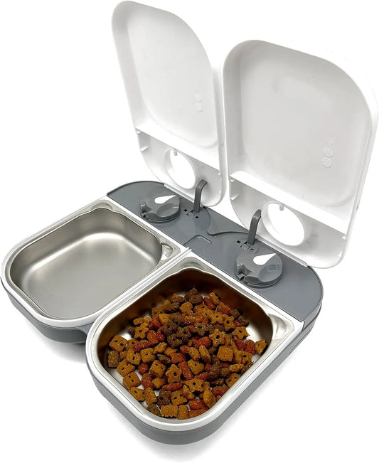 Closer Pets C200 2 Meal Timer-Controlled Automatic Pet Feeder - for Cats and Small Dogs, Wet or Dry Food, Stainless Steel Bowl Inserts and Ice Pack, up to 14 oz Each, White