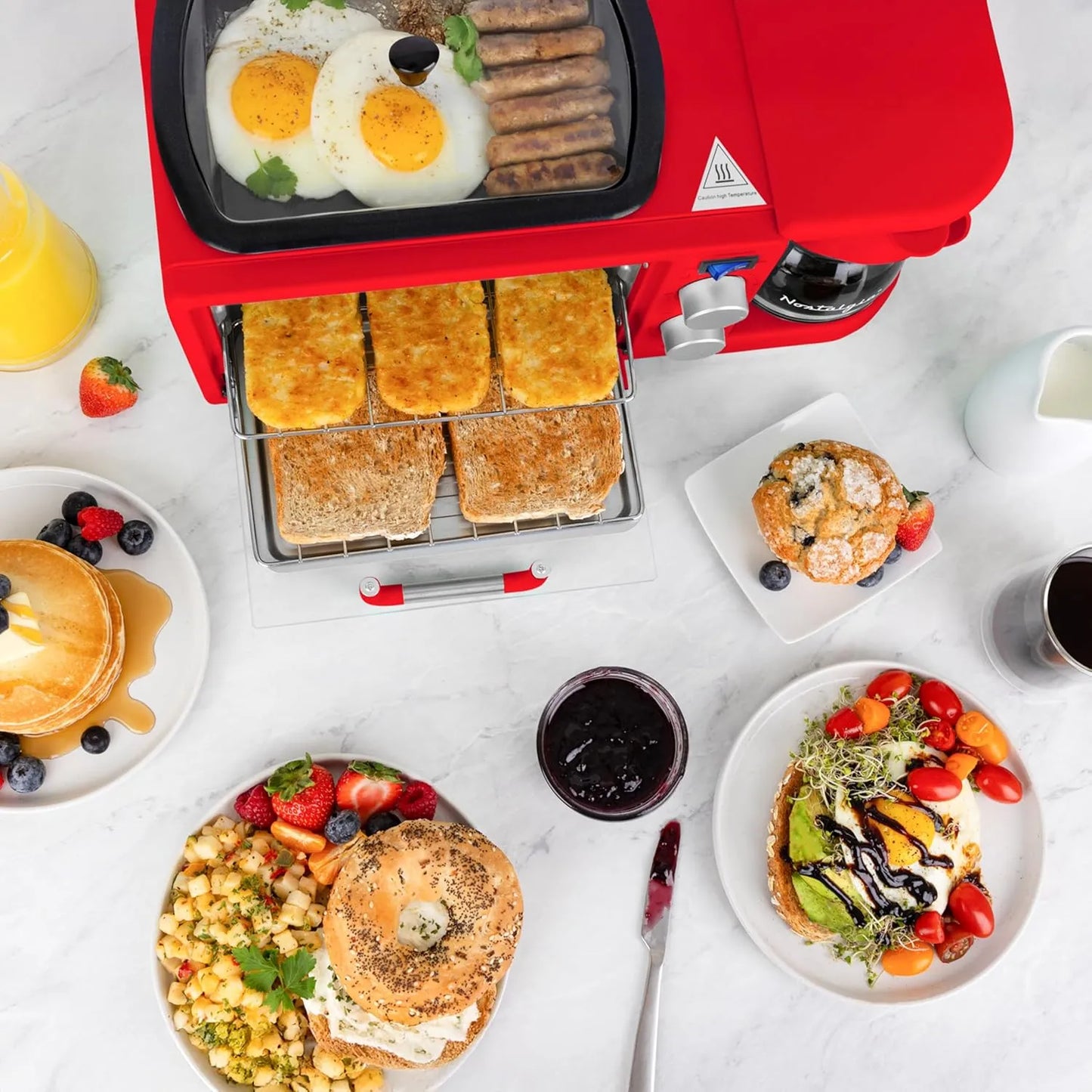 Nostalgia 3-in-1 Retro Breakfast Station - Includes 5 (4 Oz) Cup Coffee Maker, Non-Stick Ceramic Griddle, and 4-Slice Toaster Oven - Built-In Timer, Reusable Coffee Filter, Space-Saving Design