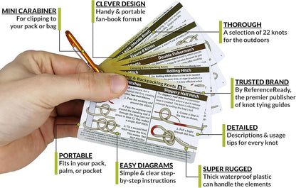 ReferenceReady Outdoor Knots Pocket Guide - Waterproof Knot Tying Cards with Mini Carabiner, 22 Rope Knots for Camping, Backpacking, Scouting and Wilderness Survival