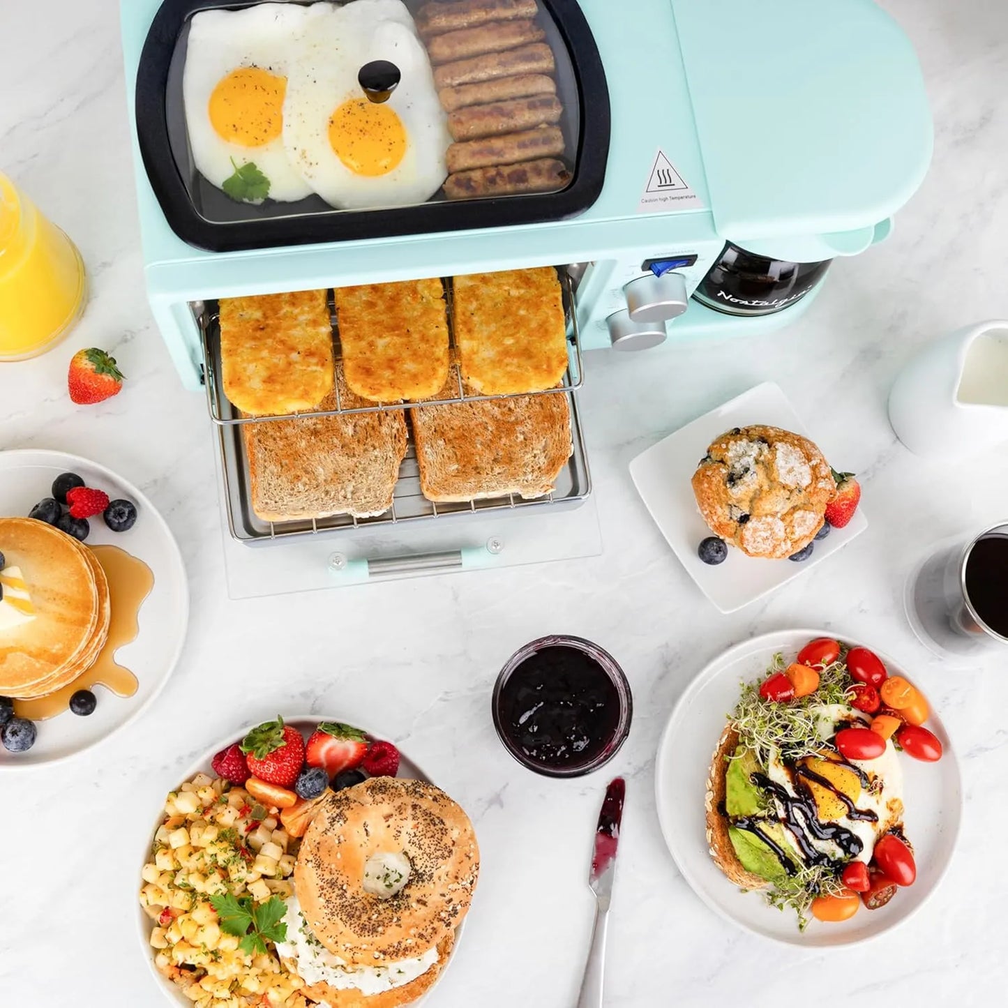 Nostalgia 3-in-1 Retro Breakfast Station - Includes 5 (4 Oz) Cup Coffee Maker, Non-Stick Ceramic Griddle, and 4-Slice Toaster Oven - Built-In Timer, Reusable Coffee Filter, Space-Saving Design