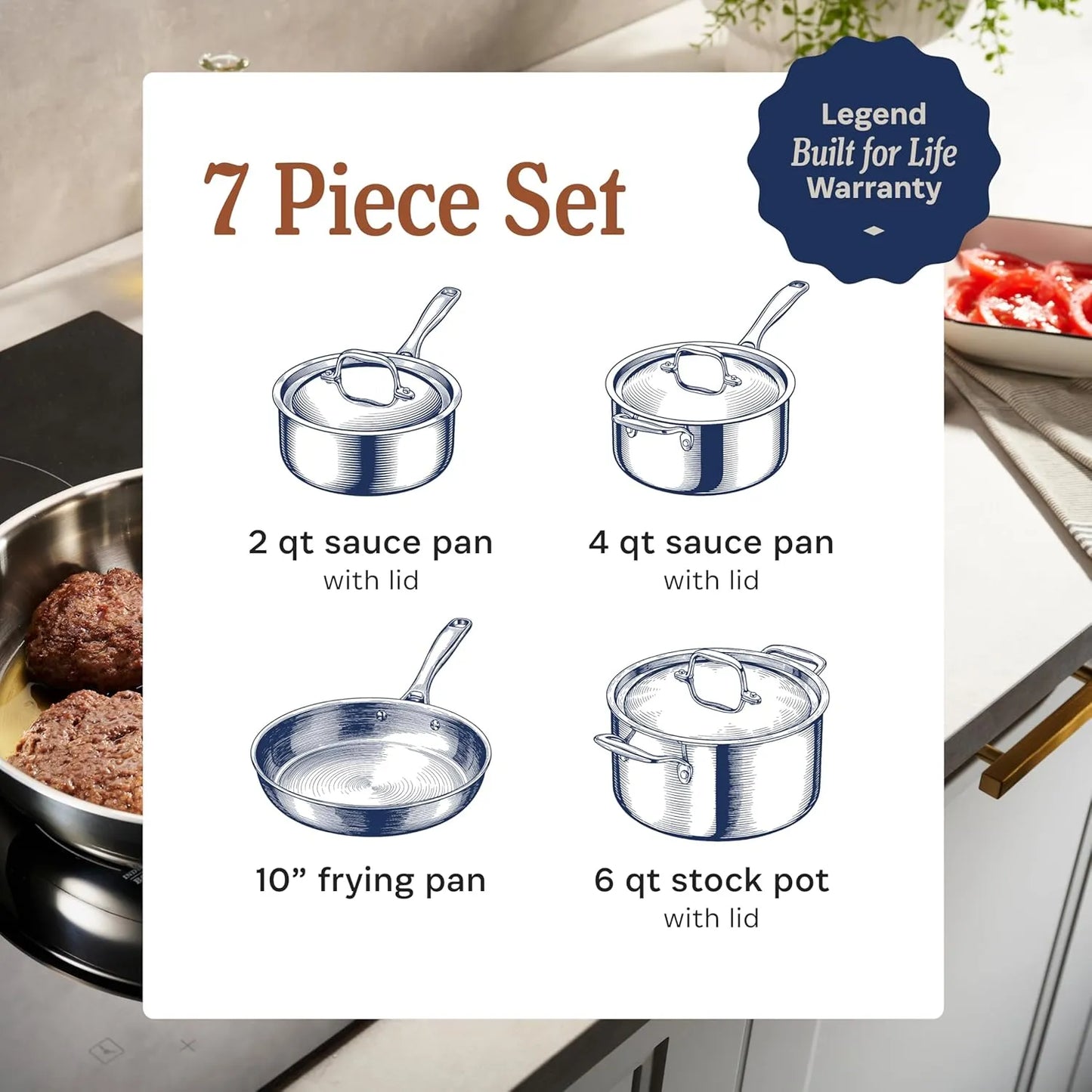 LEGEND COOKWARE 5-Ply Stainless Steel Cookware Set, 14-Piece Pots and Pans Set - Induction Compatible, Oven Safe 800°F - Non-Toxic, No Coatings - Built to Last Generations