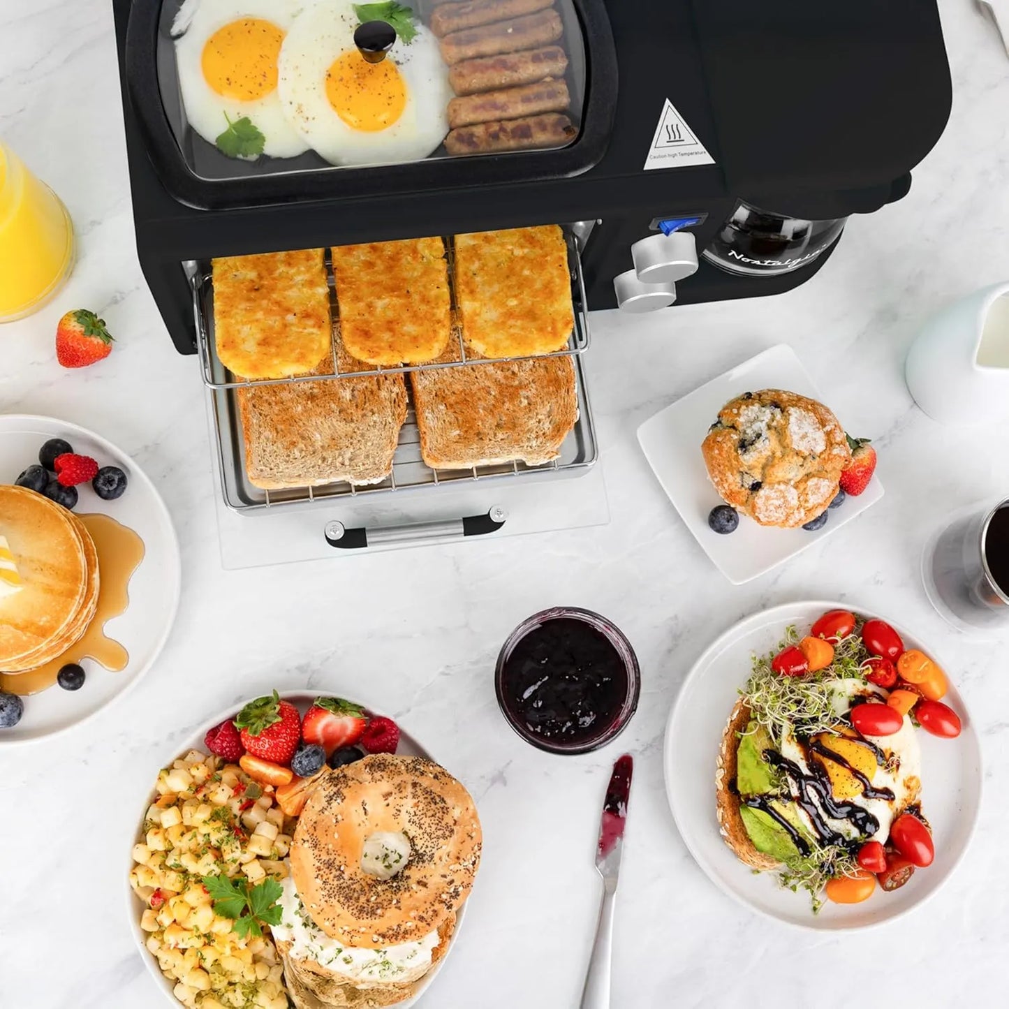 Nostalgia 3-in-1 Retro Breakfast Station - Includes 5 (4 Oz) Cup Coffee Maker, Non-Stick Ceramic Griddle, and 4-Slice Toaster Oven - Built-In Timer, Reusable Coffee Filter, Space-Saving Design
