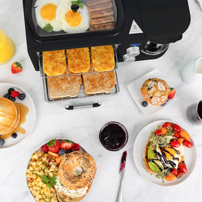 Nostalgia 3-in-1 Retro Breakfast Station - Includes 5 (4 Oz) Cup Coffee Maker, Non-Stick Ceramic Griddle, and 4-Slice Toaster Oven - Built-In Timer, Reusable Coffee Filter, Space-Saving Design