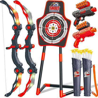 GMAOPHY 2 Pack Bow and Arrow Toy for 5 6 7 8 9 10 11 12 Year Old Boys, Birthday for Kids, Indoor Outdoor Sport Games Toys for Ages 4-8 8-12, LED Light Up Archery Set with 20 Suction Cup Arrows
