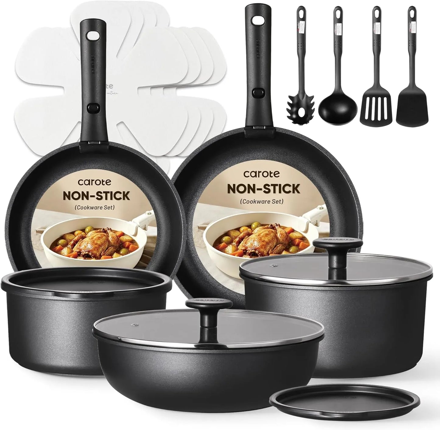 CAROTE 19pcs Pots and Pans Set, Nonstick Cookware Set Detachable Handle, Induction Kitchen Cookware Sets Non Stick with Removable Handle, RV Cookware Set, Oven Safe