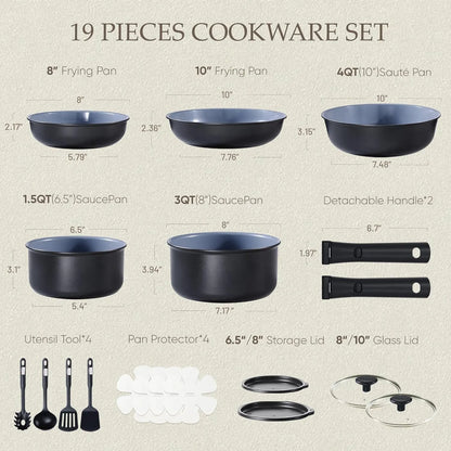CAROTE 19pcs Pots and Pans Set, Nonstick Cookware Set Detachable Handle, Induction Kitchen Cookware Sets Non Stick with Removable Handle, RV Cookware Set, Oven Safe