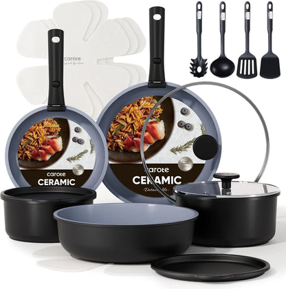 CAROTE 19pcs Pots and Pans Set, Nonstick Cookware Set Detachable Handle, Induction Kitchen Cookware Sets Non Stick with Removable Handle, RV Cookware Set, Oven Safe