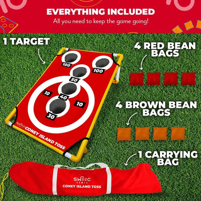 Swooc Games - Coney Island Toss™ - Arcade Style Cornhole Board Set w/Carrying Case & 15+ Games - Corn Hole Games for Adults - Kids Bean Bag Toss Game - Kids Cornhole Set w/Bags - Outdoor Yard Games