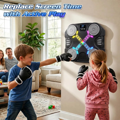 Music Boxing Machine for Kids: Smart Wall Mounted Wireless Punching Target Toys with Gloves and LED - Birthday Gifts for Boy Girl Teen Ages 3 4 5 6 7 8 9 10 11 12+ Years Old Indoor Gym Sport Play Game