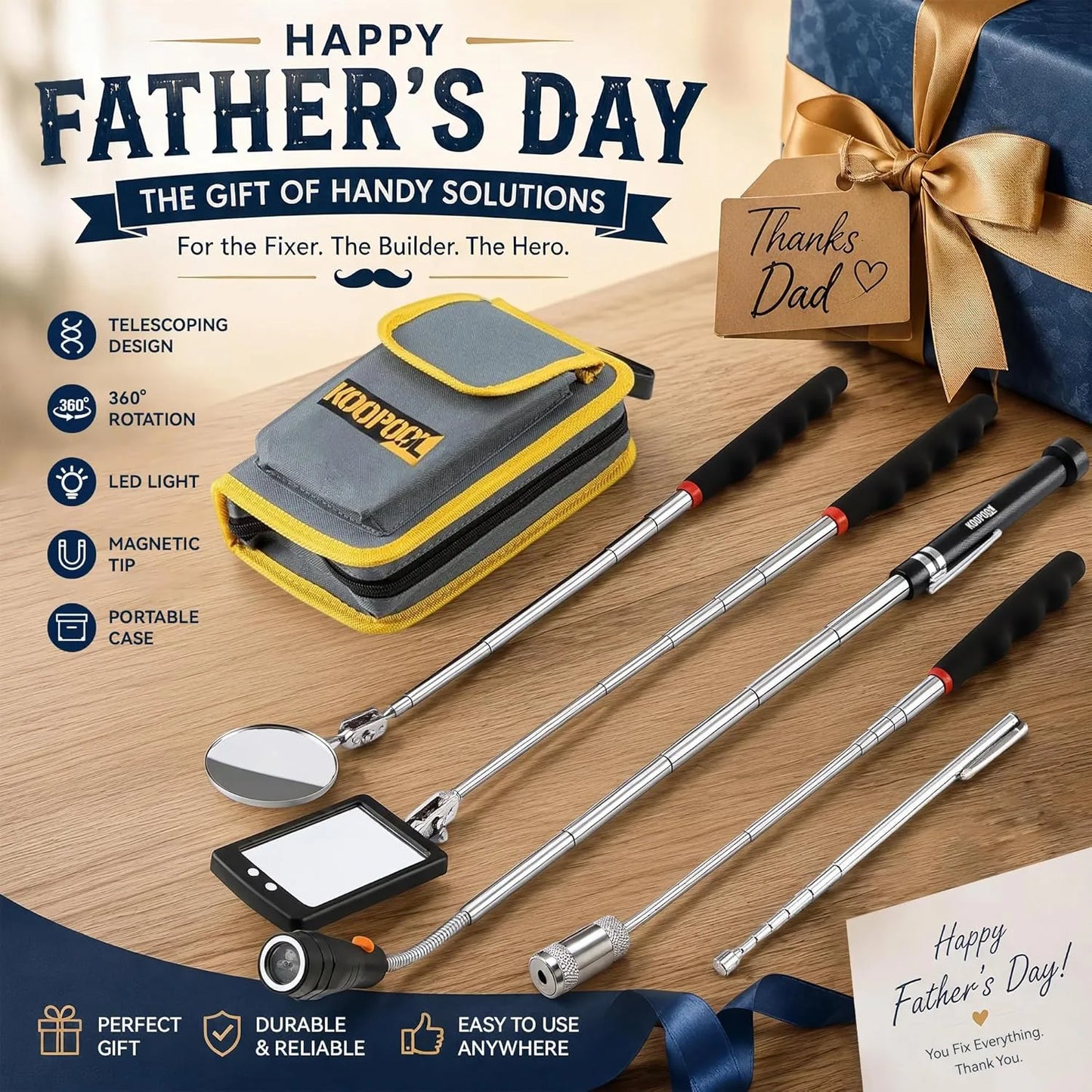Telescoping Magnetic Pickup Tool Set, Inspection Mirror Telescoping, LED Flashlight, Cool Gadgets for Men, Father’s Day Gift, Gifts for Dad, Husband, Kids, Boyfriend, Magnet Stick (Yellow)